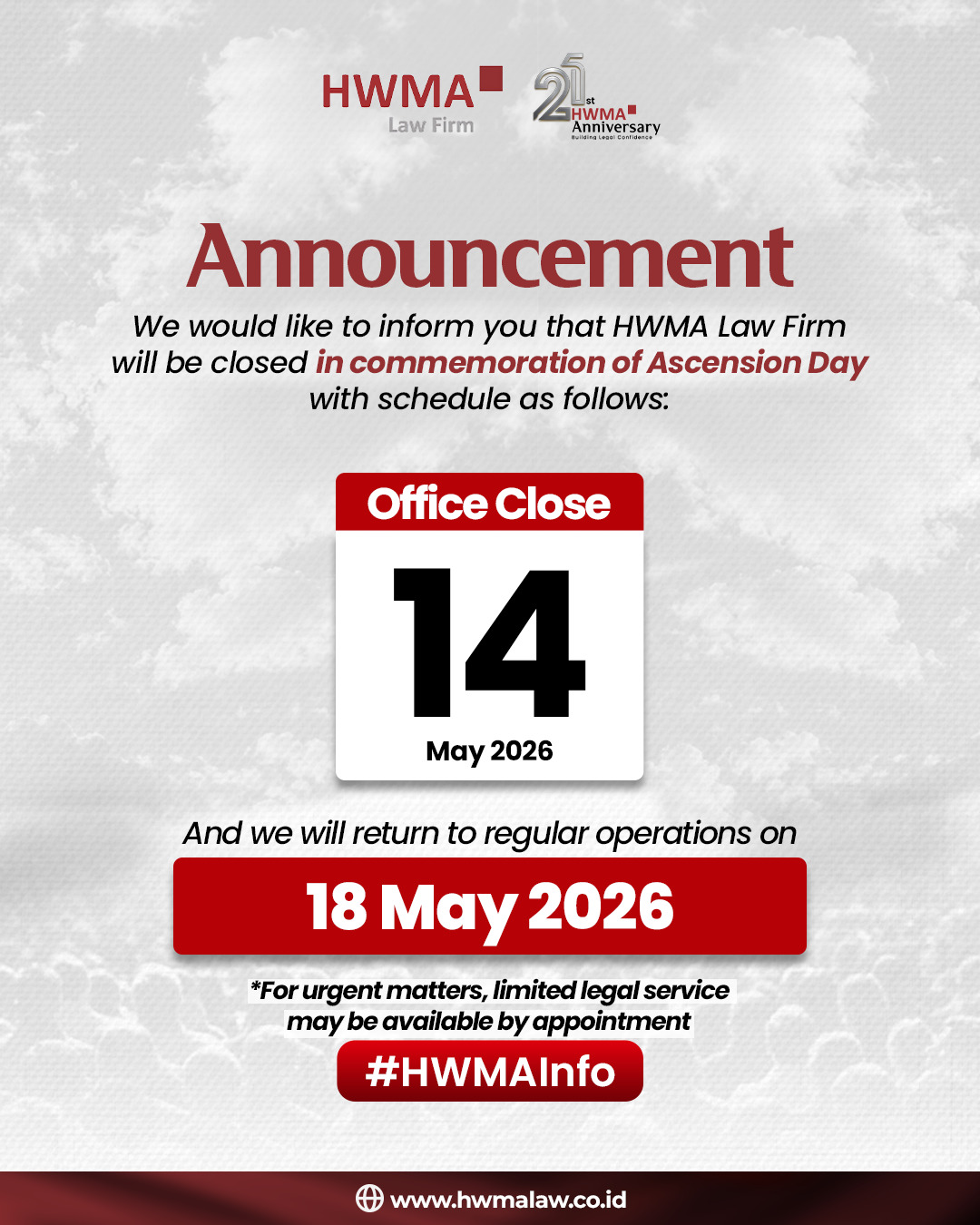 HWMA Law Firm will be closed in commemoration of Ascension Day
